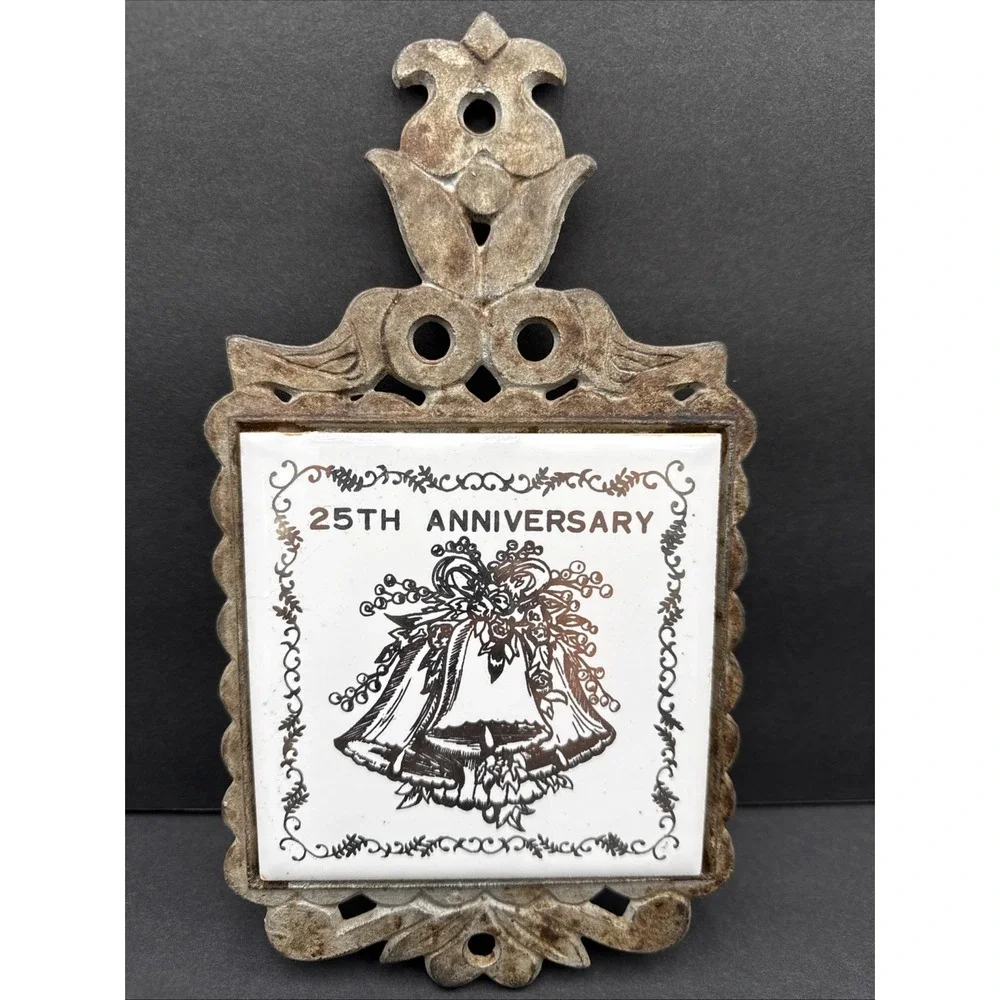 Vintage Cast Iron Trivet Hot Pad Plate 25th‎ Anniversary Tile Seven Star Taiwan